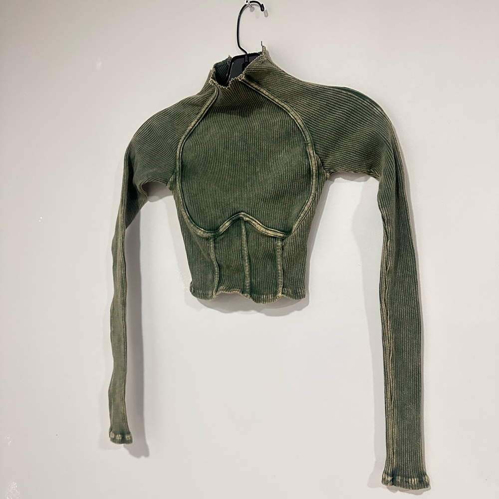 Olive Green Ribbed Long Sleeve Crop Top & Tights